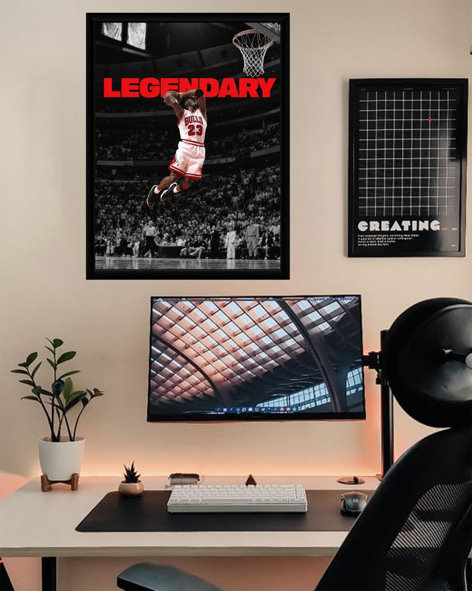 A colorful Michael Jordan Legendary Poster showcased in a stylish office, capturing the essence of sports enthusiasm.