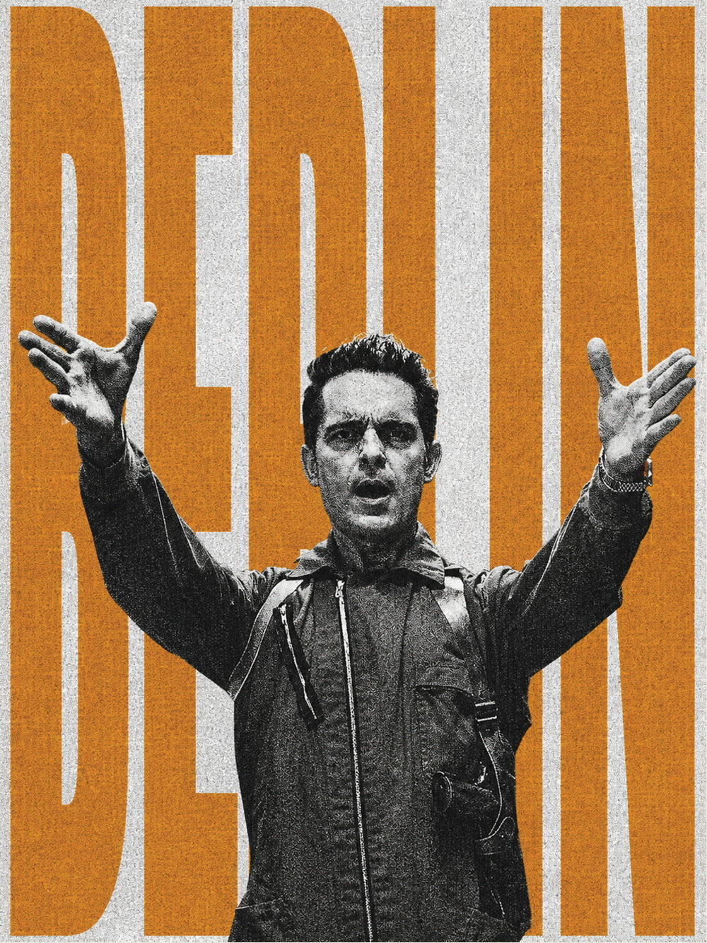 Poster featuring Berlin from 'Money Heist' in a powerful pose against a bold orange background.