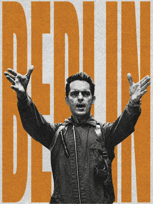 Poster featuring Berlin from 'Money Heist' in a powerful pose against a bold orange background.