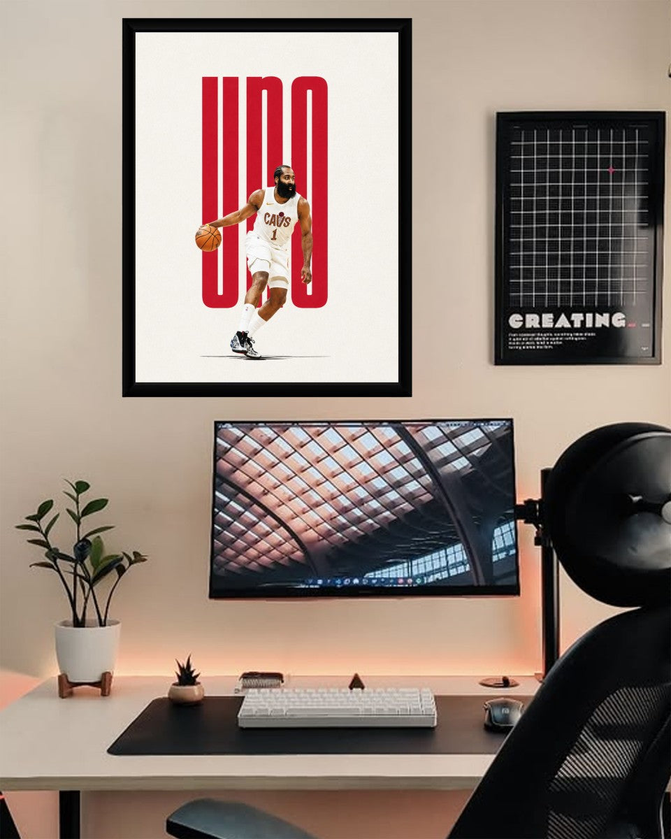 Vibrant presentation of the James Harden poster in an aesthetically pleasing room.