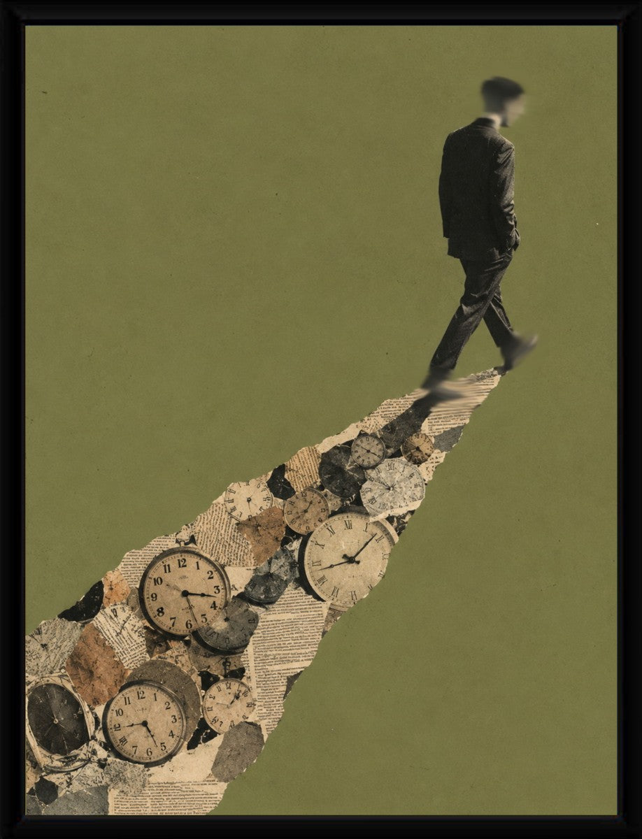 The man walking away poster displayed in a sleek black frame, enhancing its minimalist aesthetic.