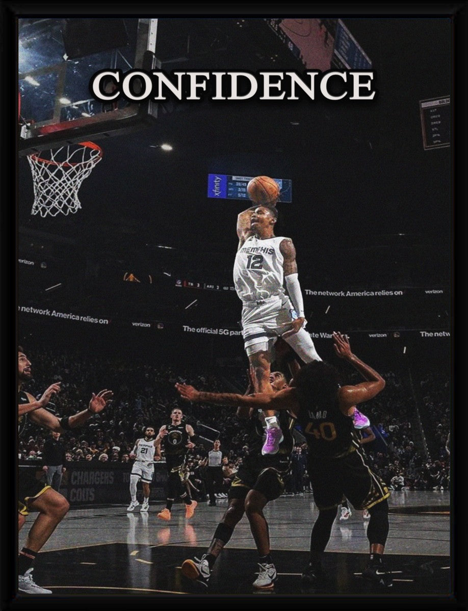 Ja Morant Dunk Poster elegantly displayed in a sleek black frame, enhancing its sports-themed aesthetic.