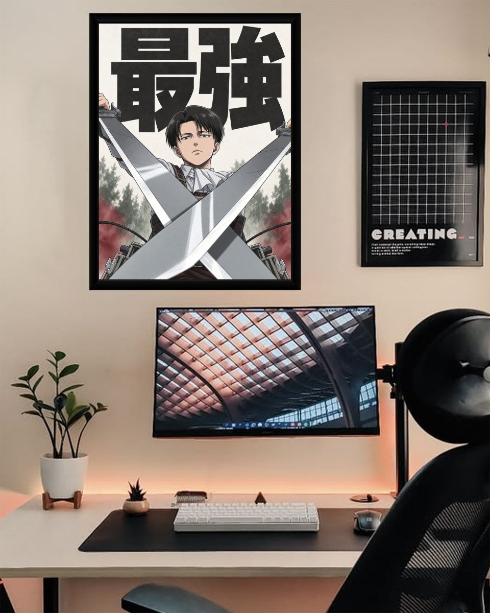 Levi Ackerman poster featured in a vibrant mockup, highlighting the dramatic composition and animation theme.