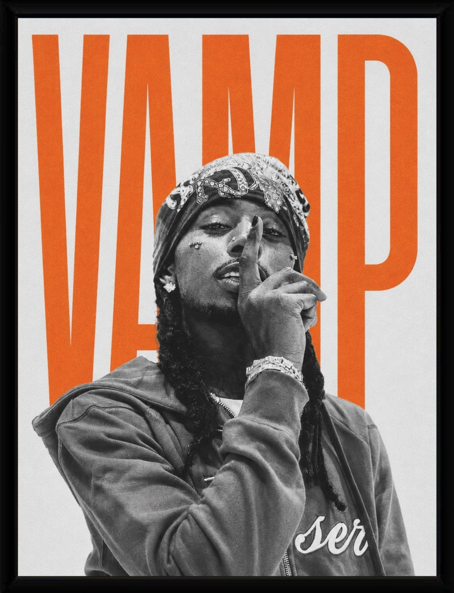 Playboi Carti VAMP poster displayed in a sleek black frame, adding elegance to the artwork.