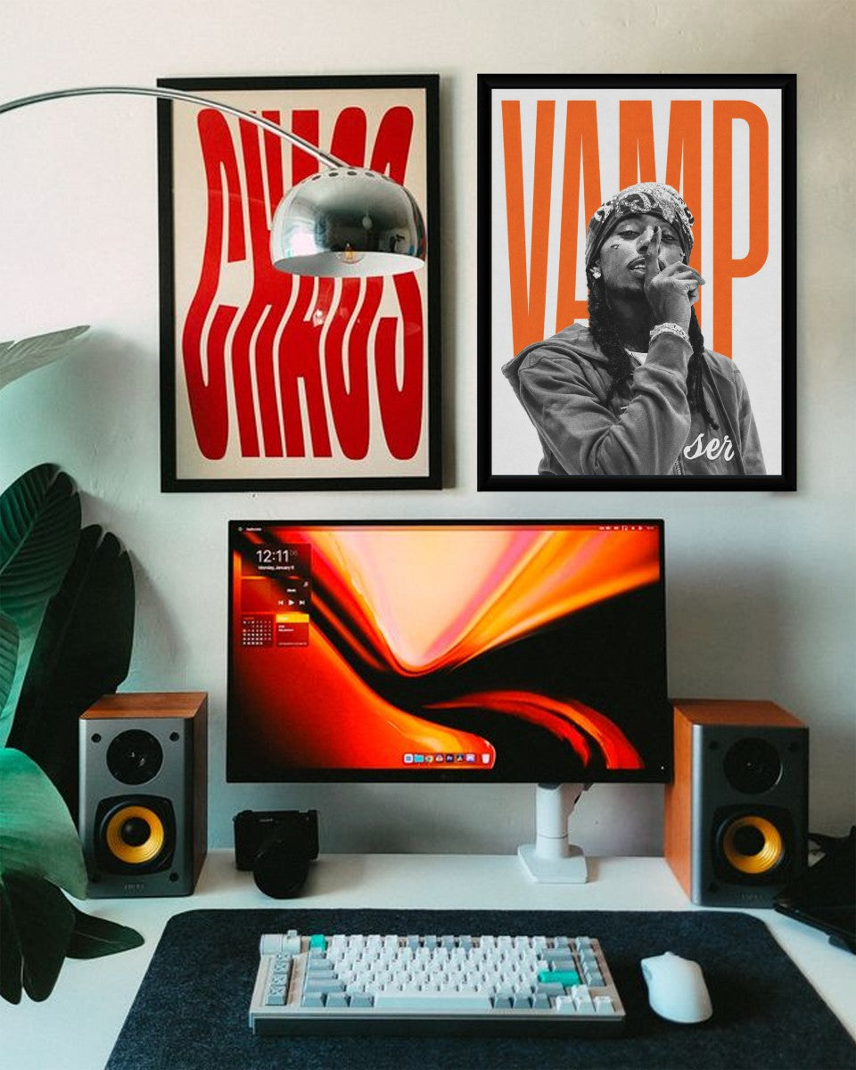 Playboi Carti poster showcased in a modern living room setting, adding a pop of color and style.