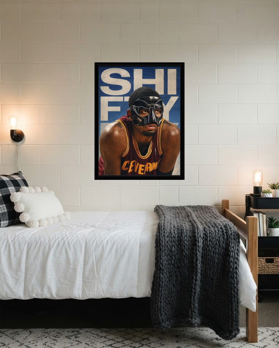 Kyrie Irving poster displayed in a stylish living room setting with bright decor.