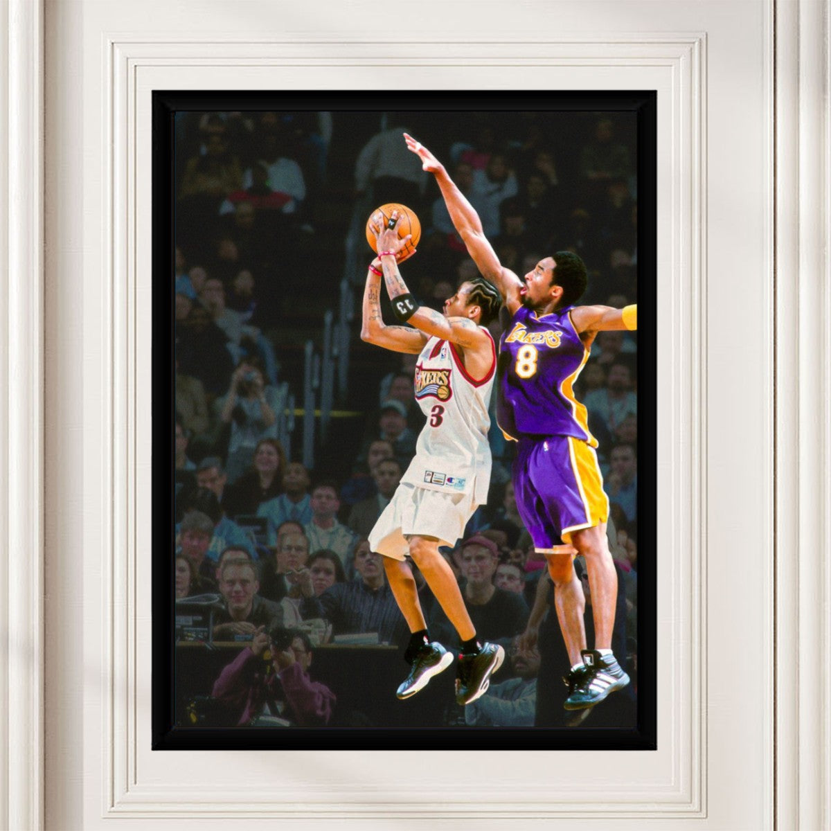 The Iverson Over Kobe poster displayed in a stylish living room setting, enhancing the vibrant atmosphere with its