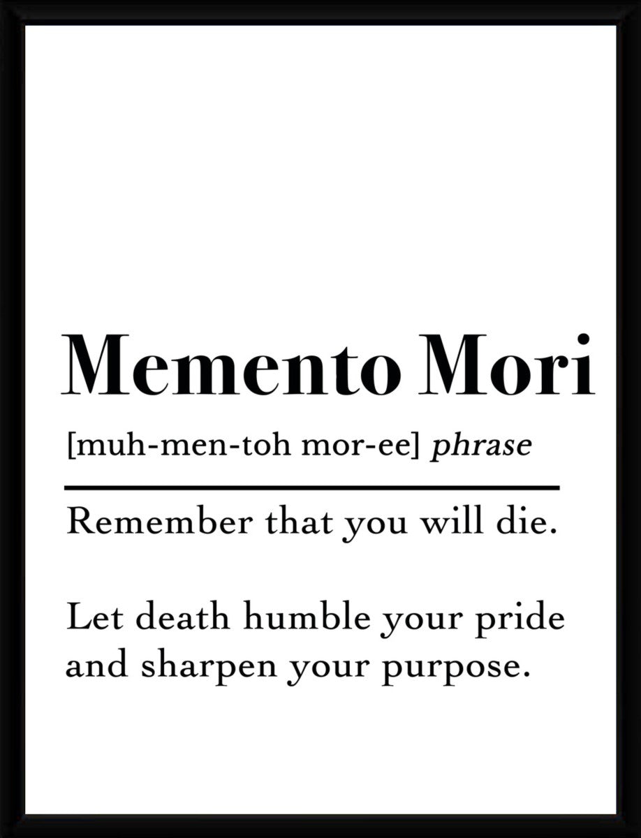 The Memento Mori poster showcased in an elegant, modern frame that complements any interior decor.