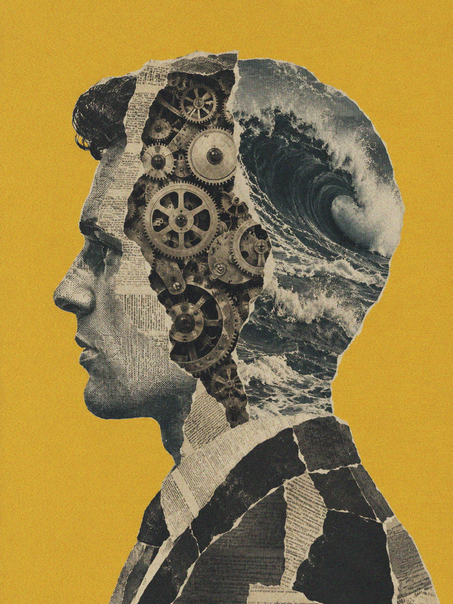 Thoughts in Motion poster featuring a silhouette with gears and waves on a yellow background.