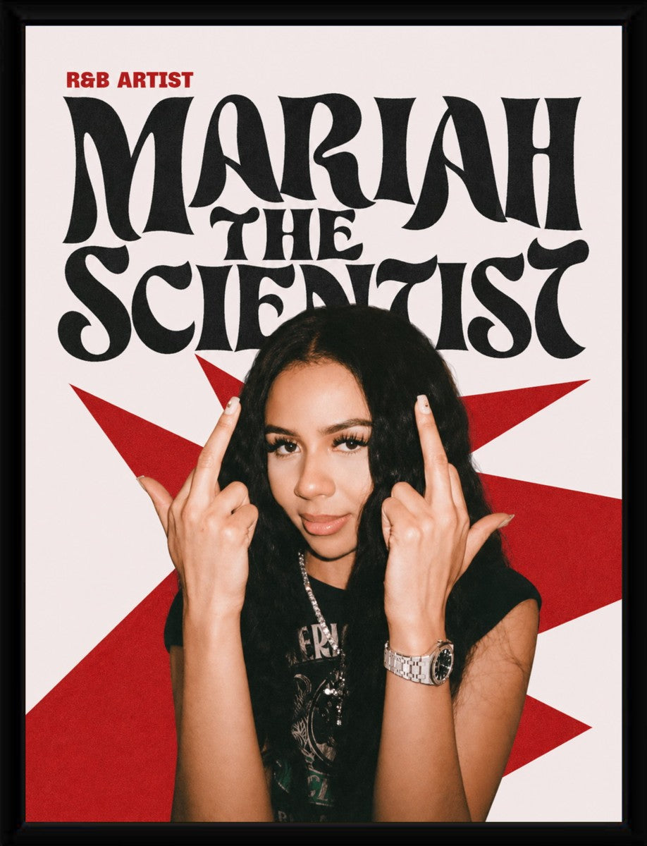 Mariah the Scientist poster displayed in a sleek black frame, showcasing its vibrant colors.