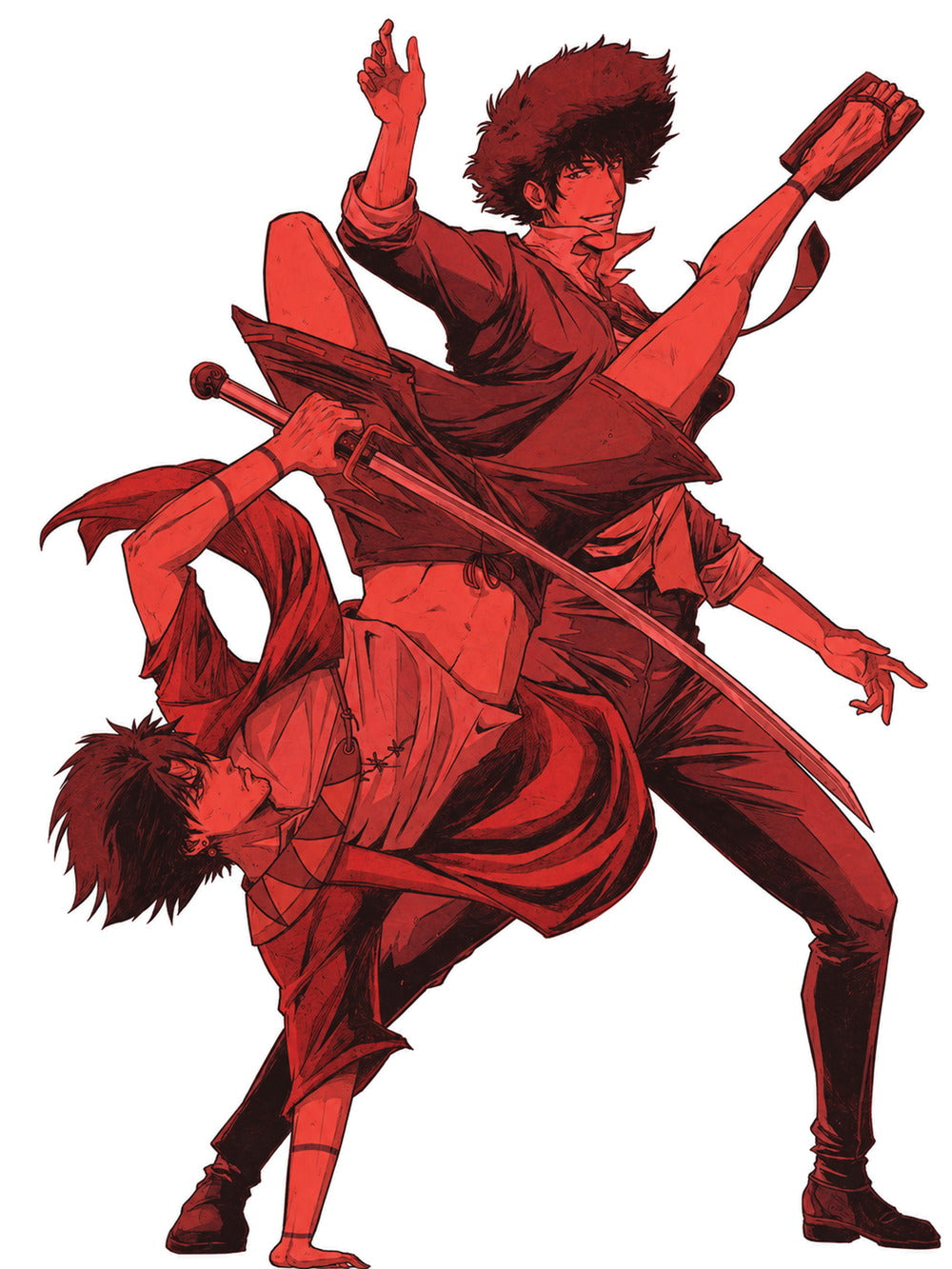 A vibrant poster featuring Mugen and Spike in dynamic poses, showcasing the intensity of their battle in rich reds and
