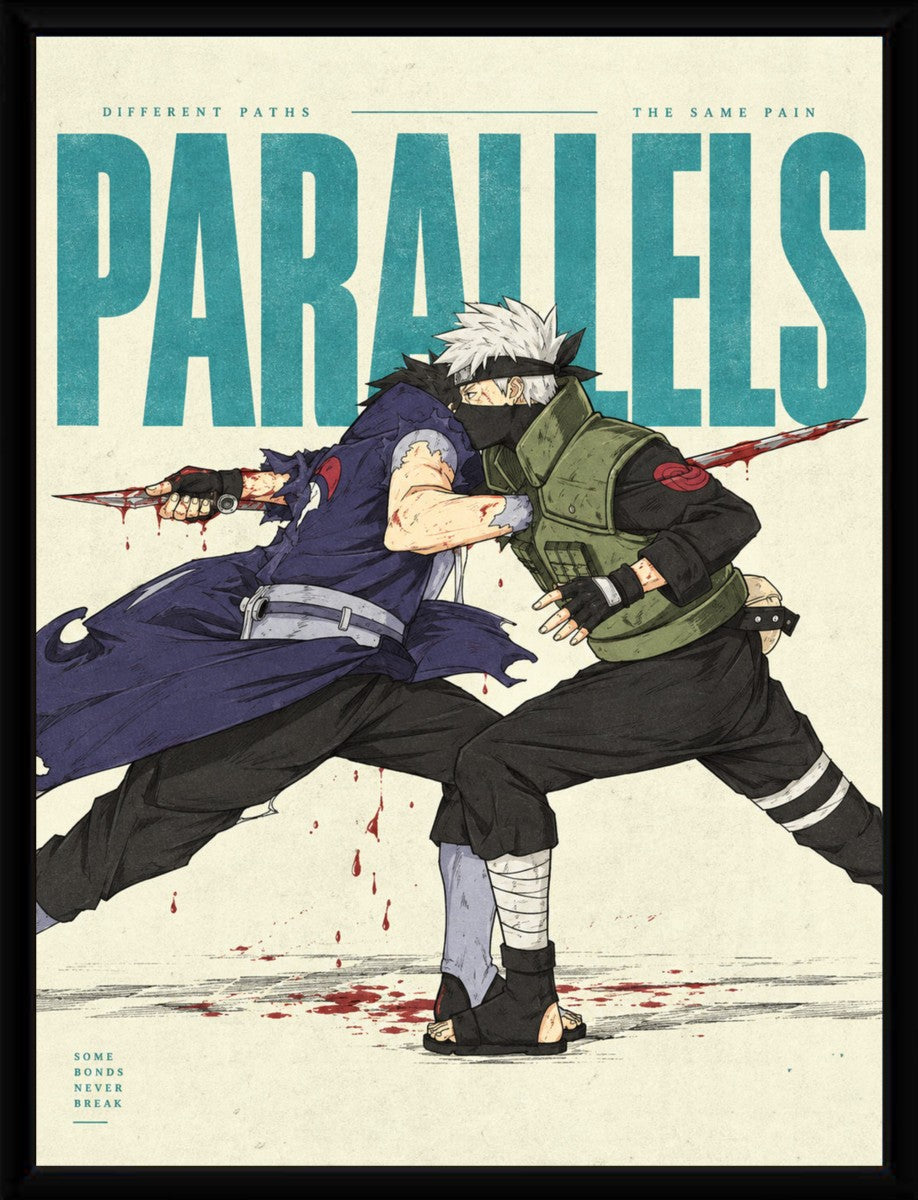 The Itachi vs Obito poster displayed in a sleek black frame, enhancing its dramatic visual impact.