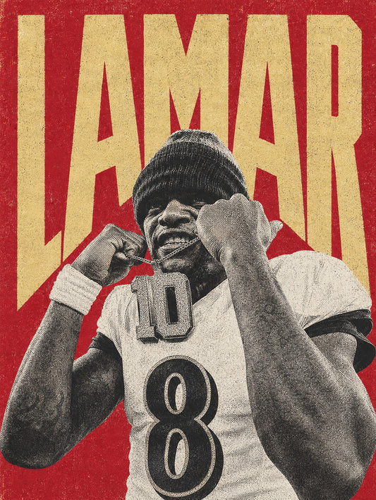 Lamar Jackson poster featuring his name in bold letters against a vibrant red backdrop.