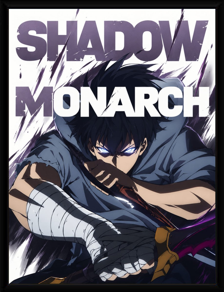 A pure-frame presentation of the Sun Jinwoo - Shadow Monarch poster highlighting vibrant colors and dynamic composition.