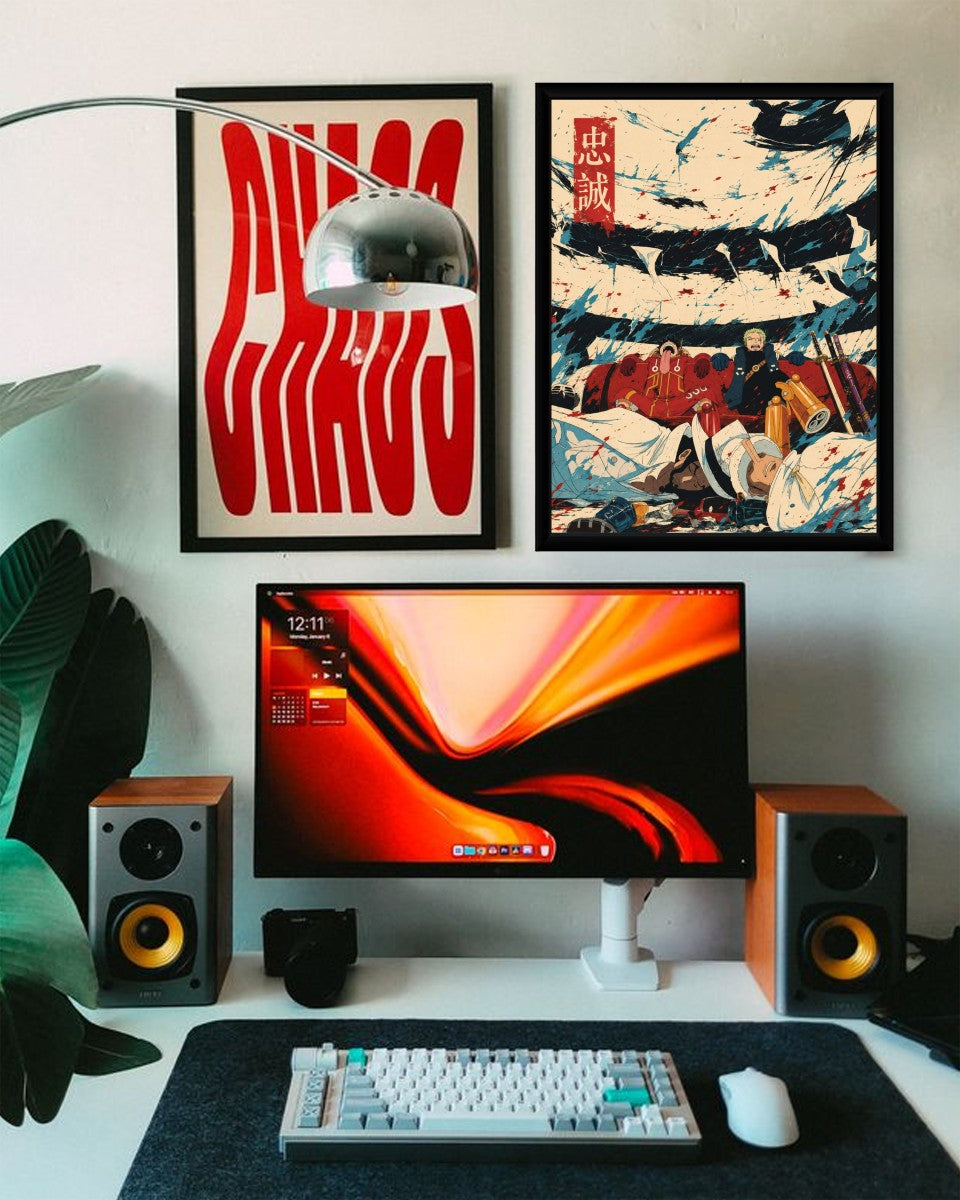 The Zoro and Luffy poster featured in a cozy workspace, adding a pop of color and energy.