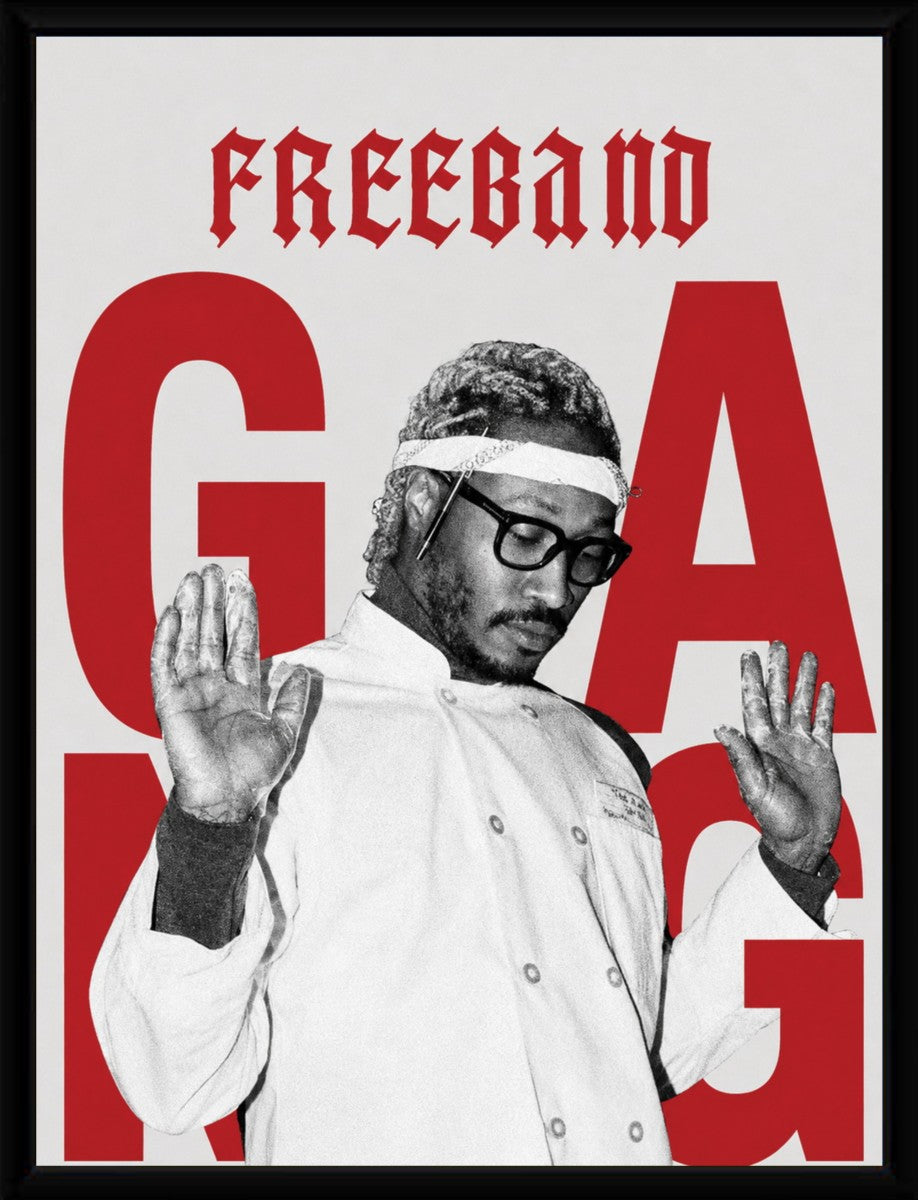 Framed poster of 'FREEBAND GANG' artwork displayed in a sleek black frame, enhancing its vibrant colors.