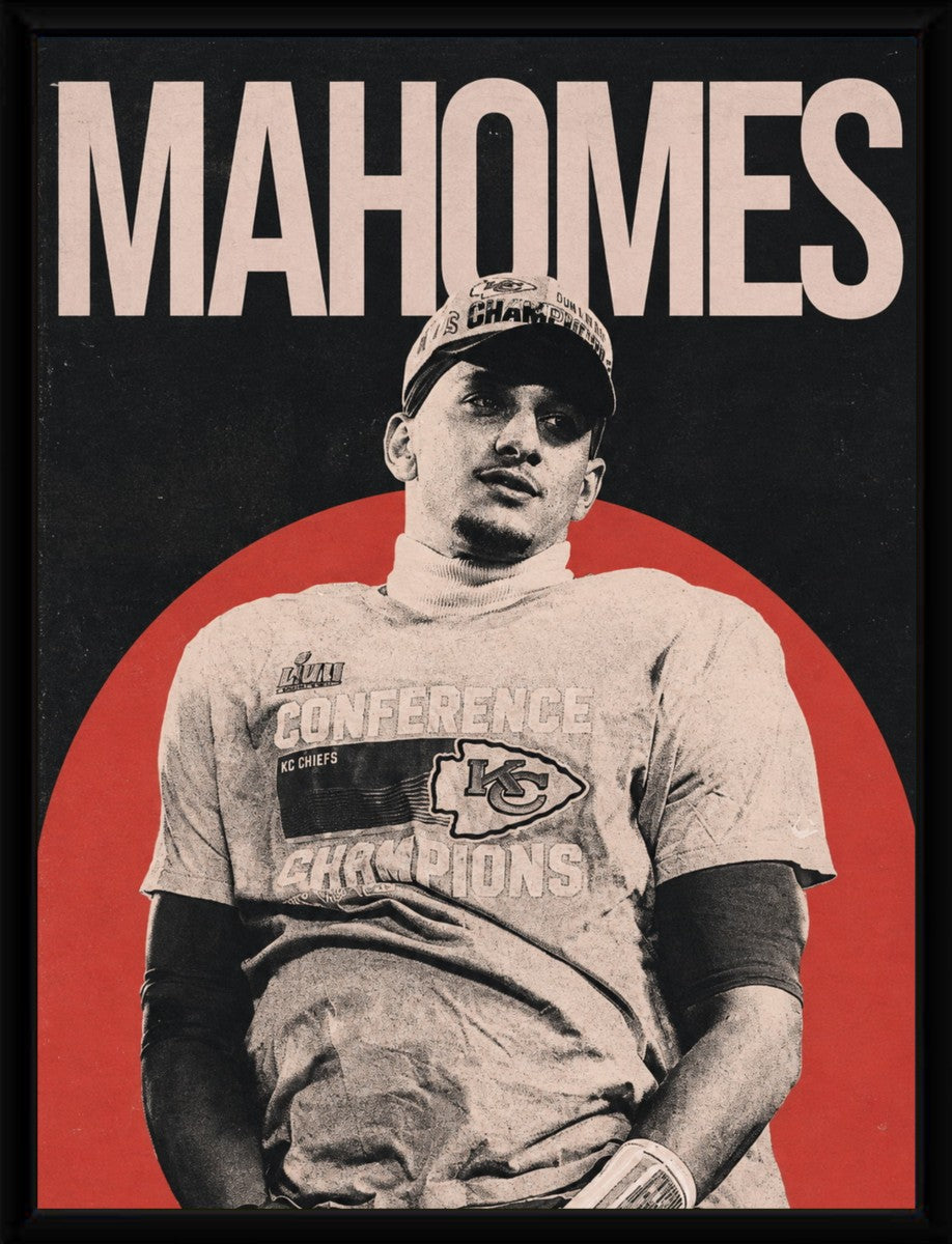 Patrick Mahomes poster displayed in a sleek, modern black frame.