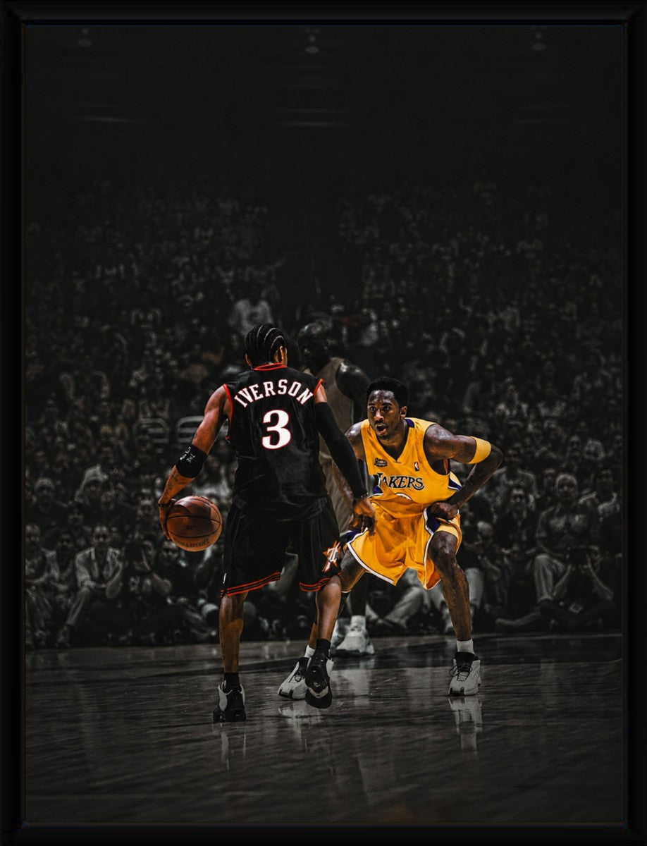 Framed poster of Iverson vs Kobe, featuring bold colors and dynamic composition that enhances the artwork's intensity.