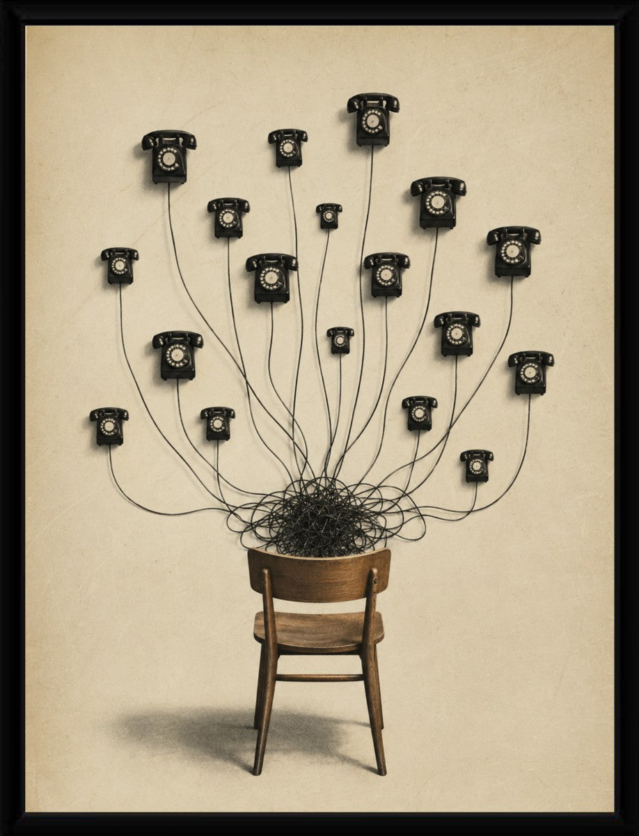 The Telephone Mind Poster displayed in a sleek, modern frame showcasing its warm tones and minimalist design.