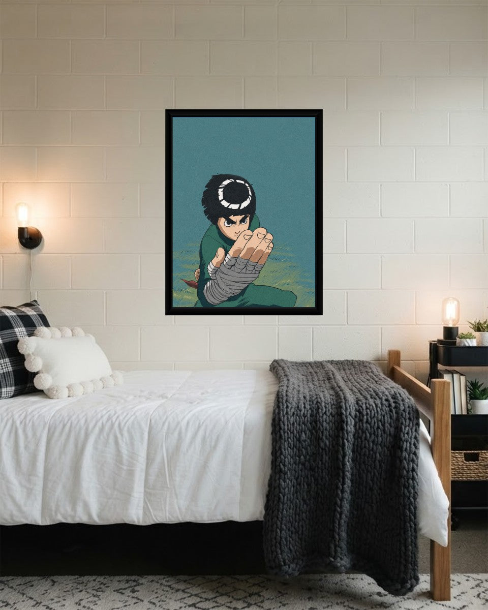 Rock Lee poster styled in a modern room, highlighting its colorful design.