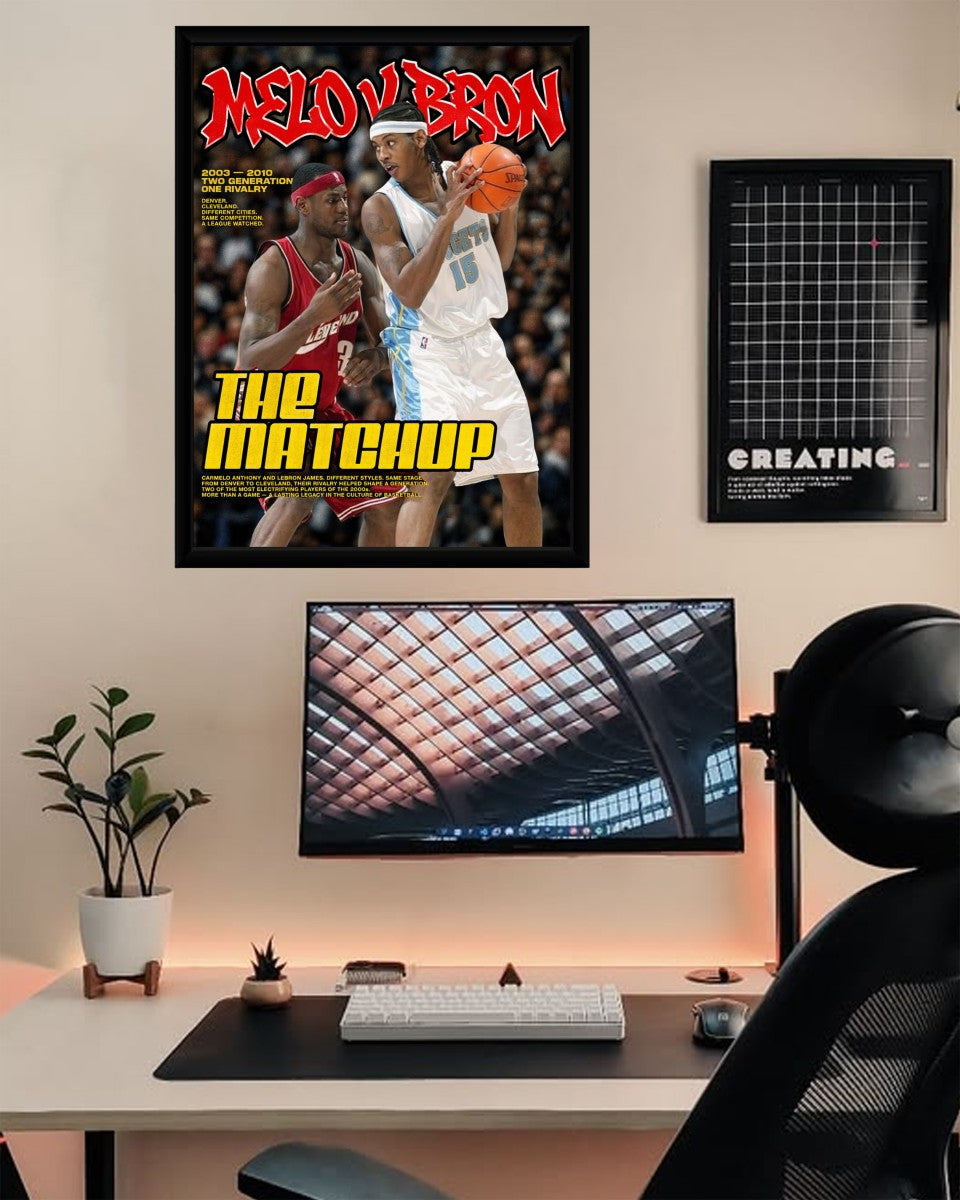 The Melo vs Bron poster creatively styled in a workspace, perfect for basketball fans.
