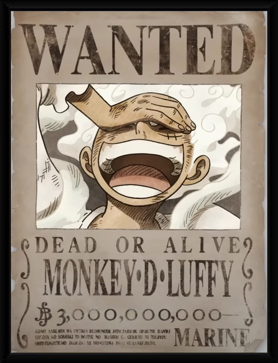 Monkey D. Luffy Wanted Poster elegantly displayed in a sleek black frame, enhancing its vibrant colors.