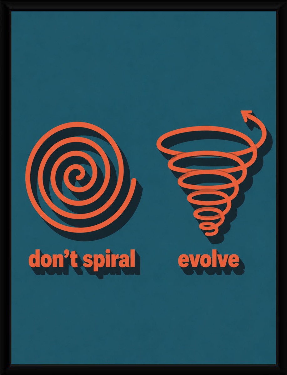 The 'Don't Spiral, Evolve' poster showcased in a sleek black frame, enhancing its vibrant colors.