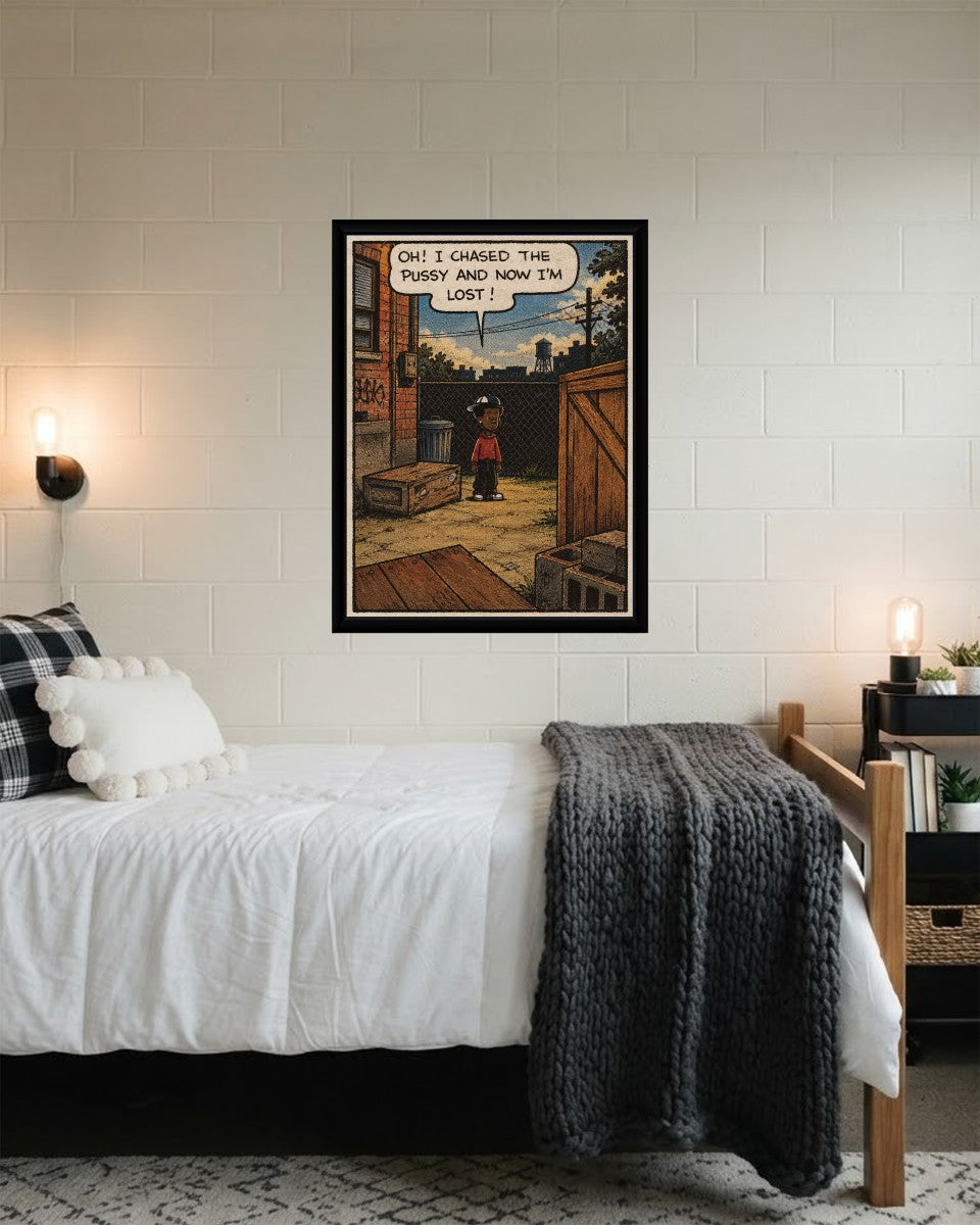 The 'Lost After the Chase' poster displayed in a colorful mockup, showcasing its playful vibe perfect for a teen's room.