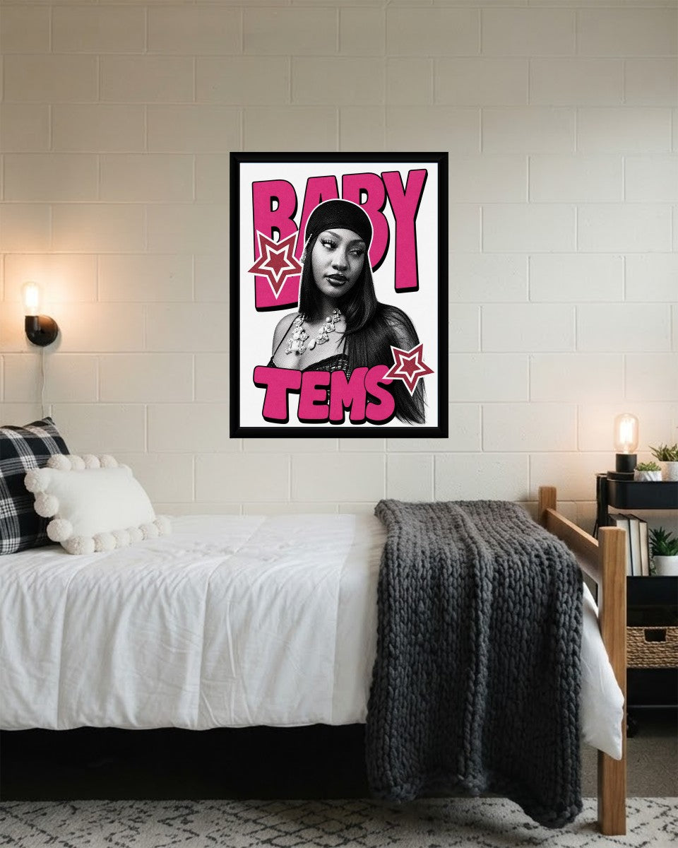 The Tems Music Poster set against a modern backdrop, showcasing its artistic appeal and dynamic design.