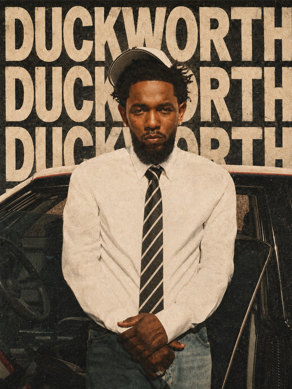 A poster featuring Kendrick Lamar's image with the word 'DUCKWORTH' in bold typography.