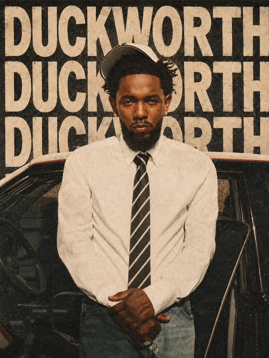 A poster featuring Kendrick Lamar's image with the word 'DUCKWORTH' in bold typography.