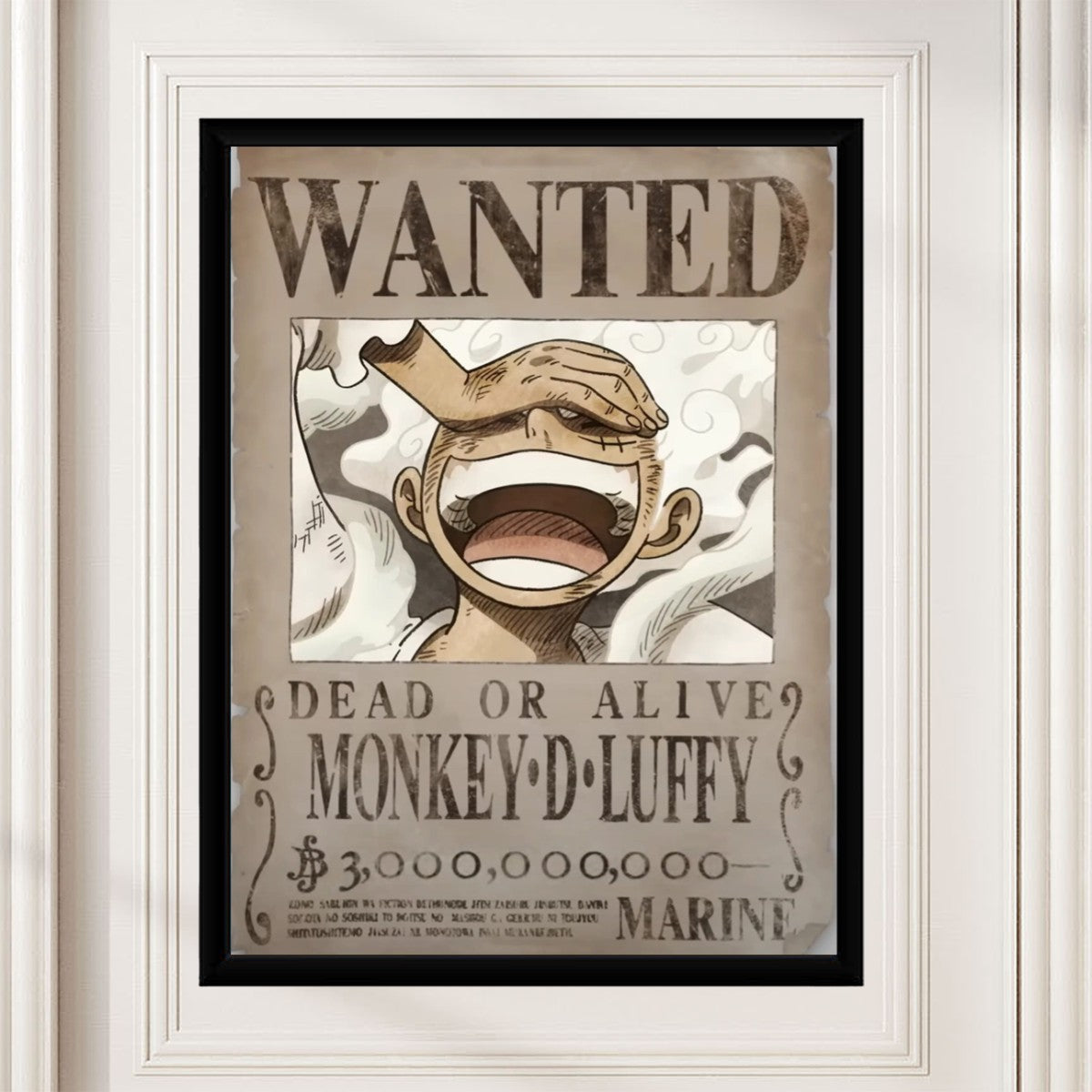 Monkey D. Luffy Wanted Poster styled in a contemporary living room setting, adding a playful vibe.