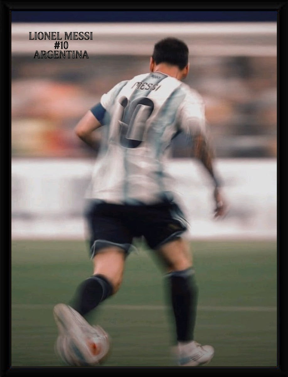 Lionel Messi action poster presented in a sleek black frame, highlighting the vibrant colors.