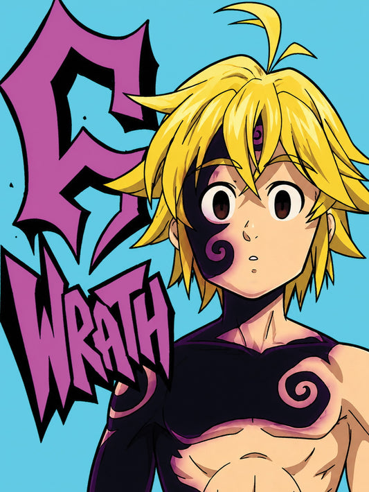 A vibrant poster featuring Meliodas, emphasizing his wrathful character with bold colors and striking design.