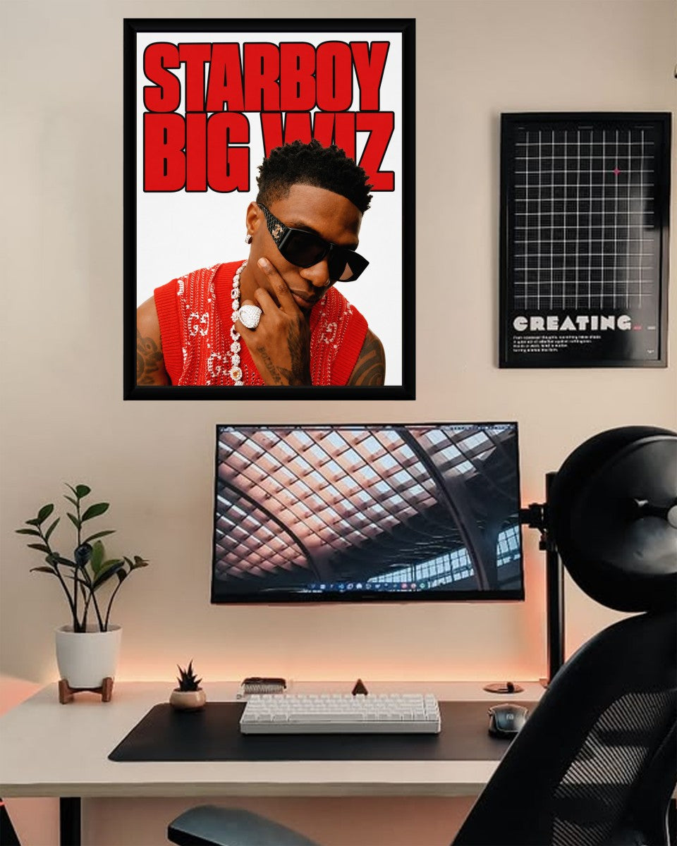 Wizkid Starboy poster showcased in a stylish living room setting, enhancing the decor.
