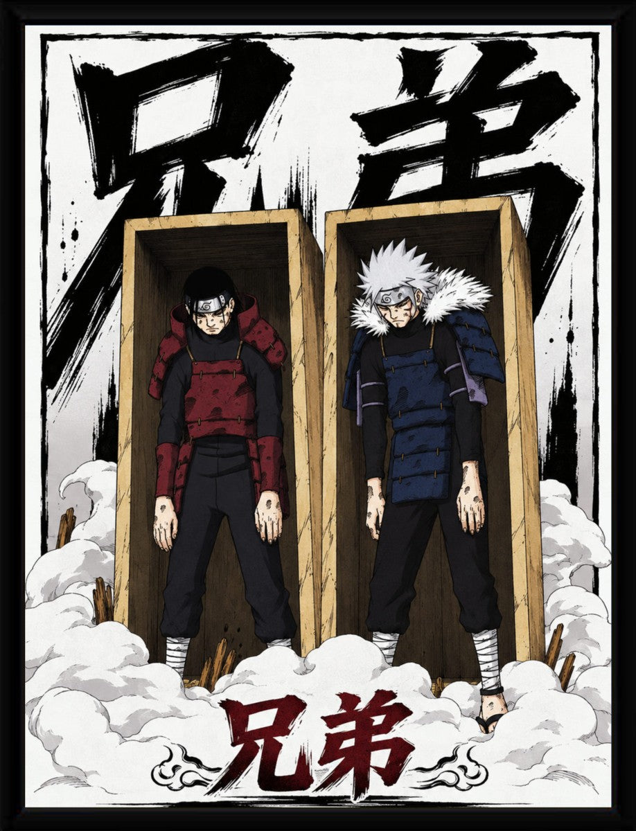 The Hashirama and Tobirama poster displayed in a sleek frame, emphasizing its vibrant artwork.