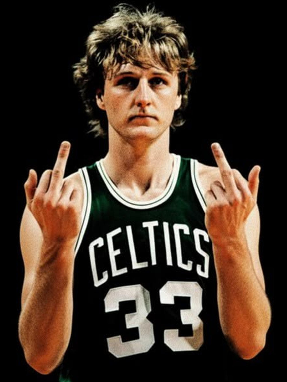 A striking poster of basketball legend Larry Bird displaying intense charisma.